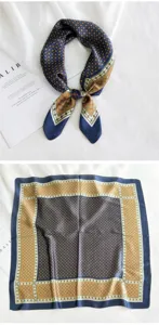 Detalle de pañuelo de seda, elegante patrón geométrico, accesorio de moda versátil para mujeres.