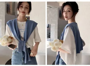 Women knitted shawl summer solid color stylish shoulder wrap versatile fashion top outfit