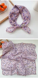 Foulard carré effet coton-lin floral, bandana et élégant foulard de cou polyvalent détail.