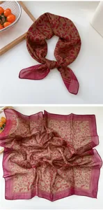 Close-up detail showcase of the retro floral print small square scarf, stylish design.