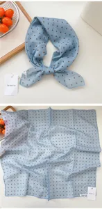 Light blue polka dot cotton linen square scarf for women summer stylish neckerchief hair band.