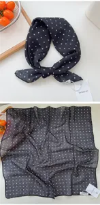 Black cotton linen polka dot square scarf, versatile hair band and stylish neckerchief for women.