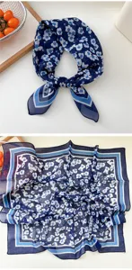 Blue floral square scarf for women, stylish neckerchief for spring and summer casual wear.