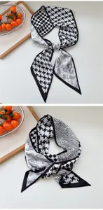 Pañuelo largo y estrecho estampado en blanco y negro, cinta elegante para cuello, bolso y pelo.