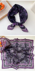 Floral print square silk scarf for women, stylish neckerchief, breathable hair accessory.