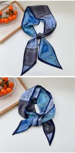 Pañuelo delgado de seda azul con estampado cachemira para mujer, elegante bufanda larga.