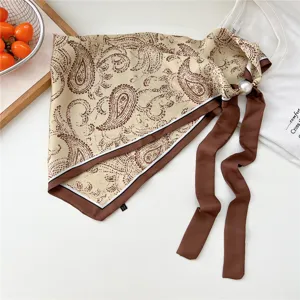 Vintage paisley print silk scarf with pearl magnetic buckle, chic women neckerchief for daily wear.