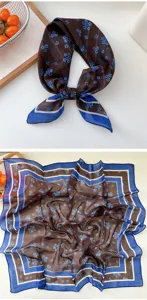 Detailed view of the Korean floral square silk scarf, stylish neckerchief and hair accessory.