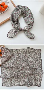 Petit carre foulard en coton lin imprime floral retro echarpe de cou pour femme elegante