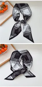 Pañuelo delgado de seda con estampado paisley en blanco y negro, cinta de cuello elegante y chic.