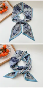 Larga bufanda de seda estrecha con estampado geométrico azul, elegante cinta para el cuello.