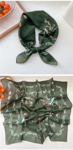 Green floral square scarf for women, lightweight spring summer neckerchief breathable accessory.