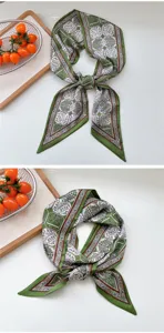 Elegante bufanda larga de seda verde para mujer, ideal para el cuello en primavera y verano.