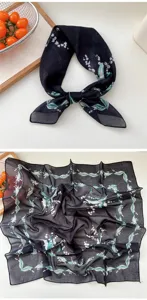 Women black floral square silk scarf, breathable spring summer neckerchief hair wrap accessory.