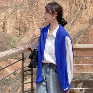 Koreanischer Stil blaue Strickschal Detail, elegante Outdoor Lifestyle Aufnahme, Accessoire.