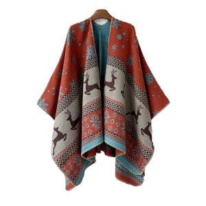 Mantella scialle lavorata a maglia stile Natale inverno caldo etnico alce fiocco stampa poncho
