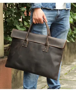 Men's genuine leather briefcase slim crazy horse laptop business tote bag detailed view.