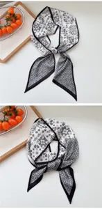 Pañuelo de seda largo en blanco y negro, cinta elegante para cuello y bolso de mujer.