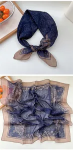Detail shot of Korean style floral square silk scarf, women spring summer hair wrap accessory.