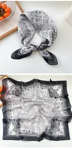 Floral print square silk scarf, stylish Korean neckerchief and hair wrap for women.
