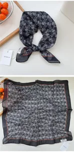 Black cotton linen square scarf 55cm floral neckerchief stylish hair band for women accessory