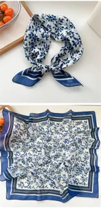 Detailed view of blue and white leaf printed square scarf, soft breathable fabric for styling.