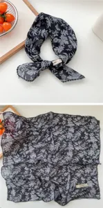 Foulard carre noir a motif floral en coton et lin, bandeau de cou polyvalent pour femme.