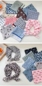 Close-up details of soft floral cotton linen square scarves, perfect for chic neck accessories.