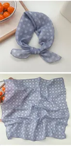 Light blue floral square scarf detail, soft breathable fabric, perfect neck scarf accessory.