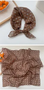 Brown floral small square scarf detail, lightweight breathable fabric, stylish neckerchief accessory.