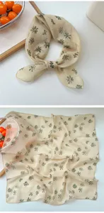 Breathable cotton linen small square scarf floral print stylish neckerchief for women spring