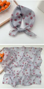 Cotton linen small square scarf for women, breathable floral print neckerchief and stylish hair accessory.