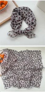 Detailed view of lightweight floral small square scarf, breathable fabric for neck and head wear.