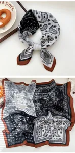 Detailansicht des schwarz-weiß-braunen Paisley-Tuchs, elegantes retro Halstuch für Damen.