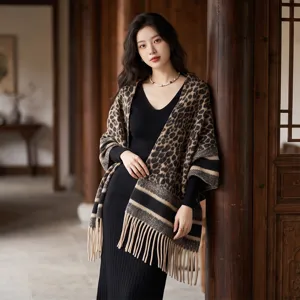 Elegant cashmere-feel leopard print shawl winter thick tassel cape warm stylish women sweater