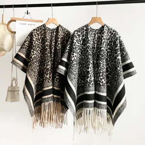 Women leopard print tassel cape winter warm imitation cashmere shawl cloak fashion outerwear