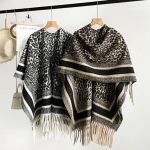 Elegant leopard print faux cashmere tassel poncho cape for women winter warm knitted wrap.