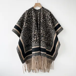 Detailed view of the leopard print poncho shawl featuring chic fringe hem and contrast stripes.
