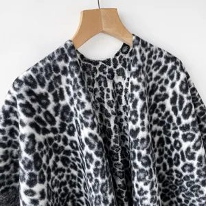 Black and white leopard print cashmere feel shawl winter cozy knitted warm cloak cape.