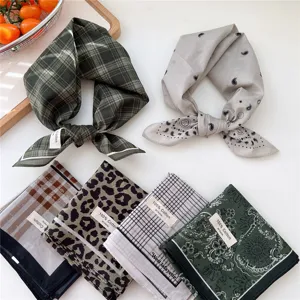 Cotton small square scarf, vintage plaid and paisley design, soft retro bandana for women.