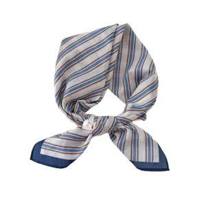 Chic cotton linen square scarf with blue brown stripes, vintage style neckerchief for women.