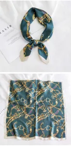 Elegante pañuelo cuadrado de seda de 70 cm para mujer, con estampado de cadena y bocado.