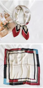 Elegante pañuelo cuadrado de seda geométrica para mujer, ideal para moda de primavera.