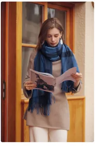 Femme hiver bleu carreaux glands imitation cachemire écharpe douillette mode châle