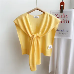Knit shawl detail view, yellow summer air-conditioned room cardigan cover-up tie design.
