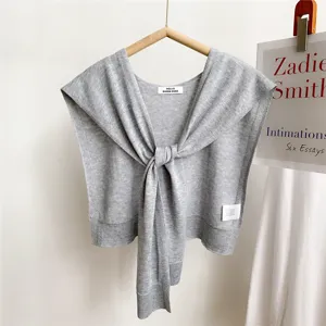 Grey knitted small shawl fake collar front tie fashion stylish outer wear cape detail