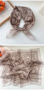Women brown paisley print square silk scarf, vintage neckerchief for stylish daily wear.
