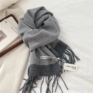 Grey herringbone lambswool tassel scarf for women, cozy winter warm winter neck wrap.