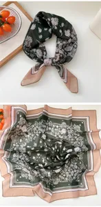 Vintage floral paisley square silk scarf for women, elegant neck scarf accessory detail view.