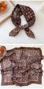 Brown paisley small square silk scarf for women, elegant vintage floral bandana neckerchief.